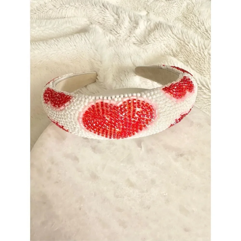 Red white & pink beaded heart valentines headband ￼